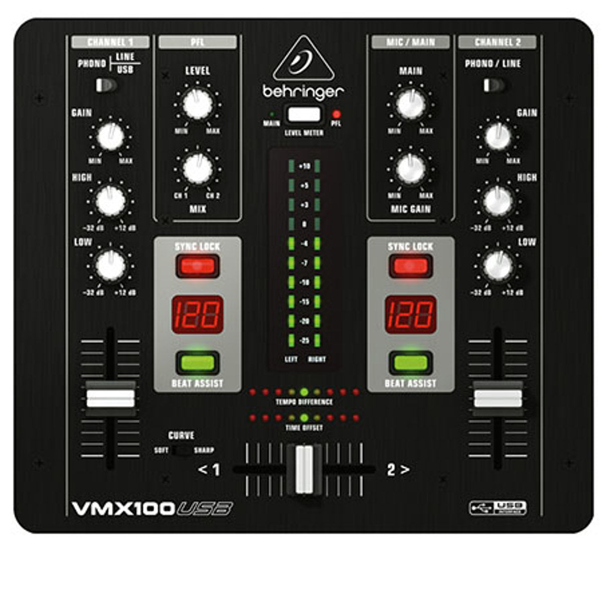 Behringer Pro Mixer VMX100USB Professional 2-Channel DJ Mixer with USB/Audio Interface, BPM Counter and VCA Control